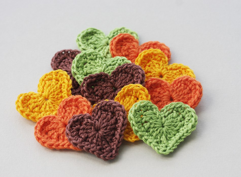 Crochet heart appliques in forest woodland colors spring autumn fall country green pumpkin orange yellow brown