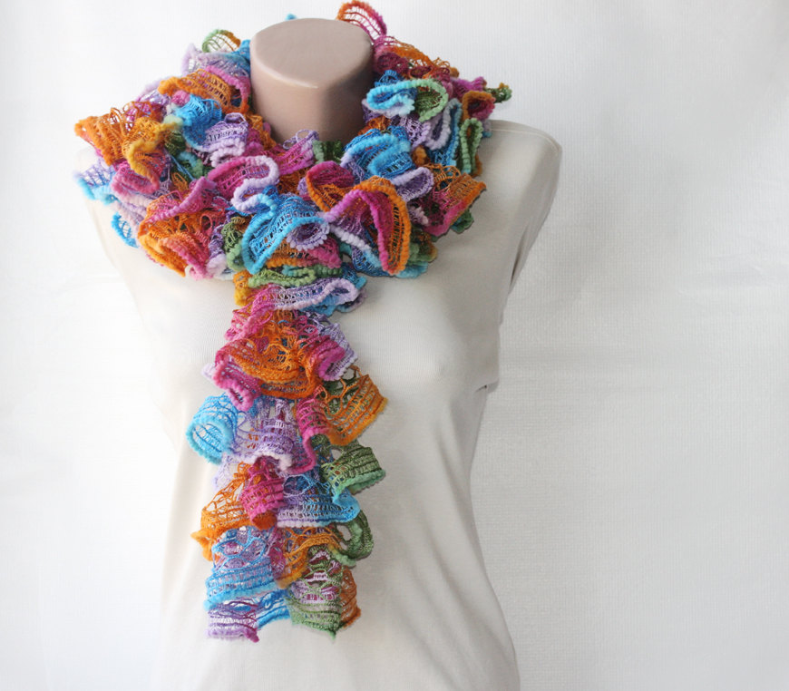 Knit Frilly Scarf Rainbow Colors on Luulla